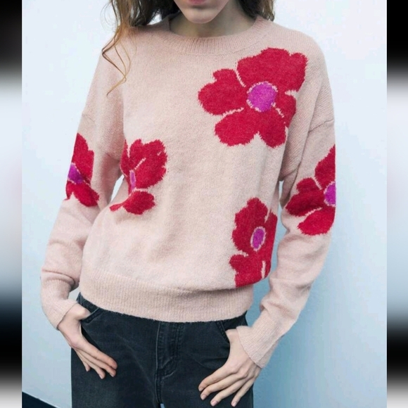 Women's Floral Print Crew Neck Long Sleeve Sweater, Red/Pink, Holiday & New Year - Picture 1 of 5